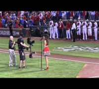 Zooey Deschanel sings national anthem 2011 Game 4 World Series Rangers Cardinals 10/23/11 Chinook